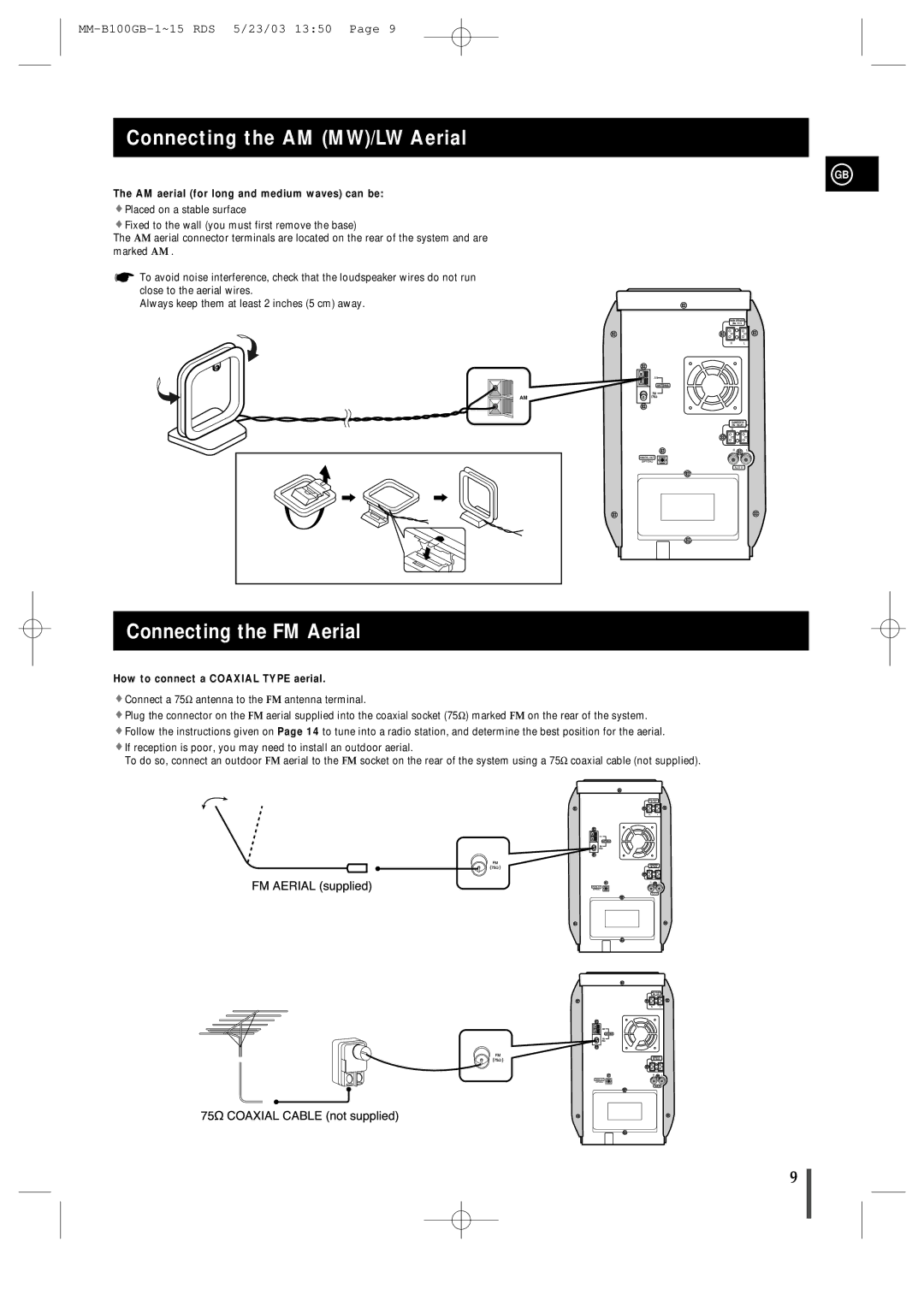 Samsung MMB100RH/ELS Connecting the AM MW/LW Aerial, Connecting the FM Aerial, AM aerial for long and medium waves can be 