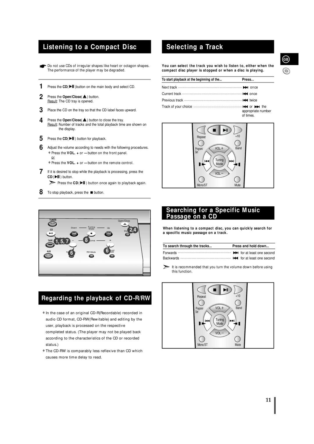 Samsung MM-B7, MMB7RH/ELS manual Listening to a Compact Disc, Selecting a Track, Regarding the playback of CD-R/RW 