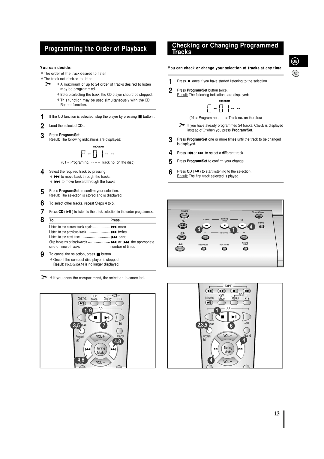 Samsung MM-B7, MMB7RH/ELS manual Programming the Order of Playback, Checking or Changing Programmed Tracks 