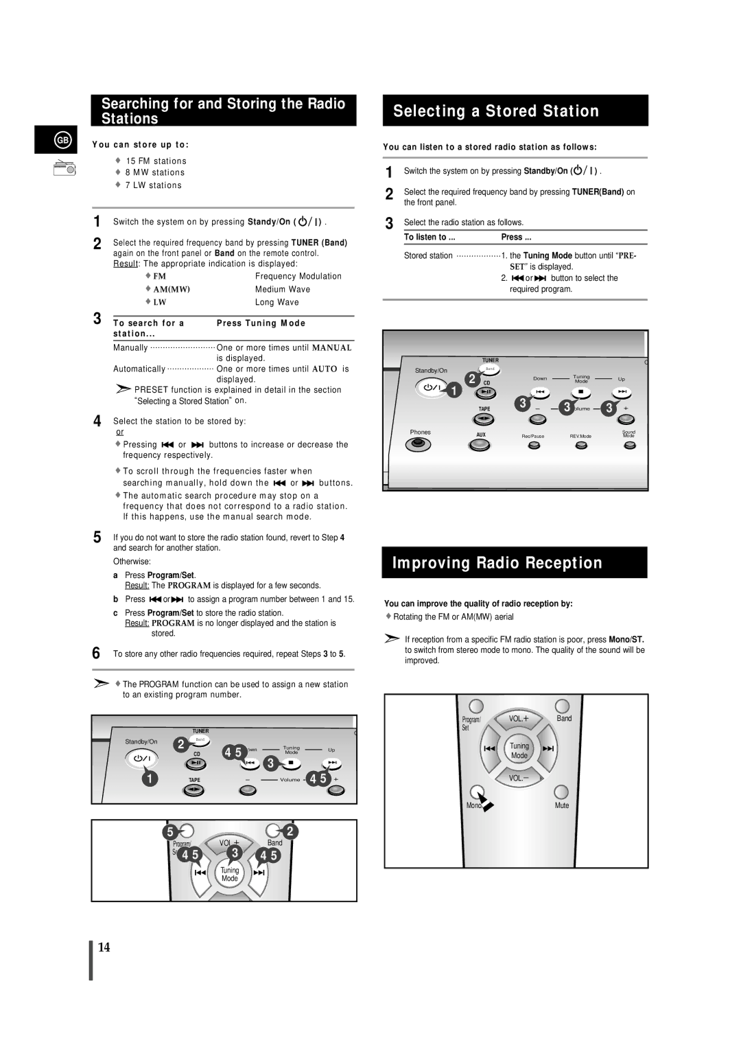 Samsung MMB7RH/ELS Selecting a Stored Station, Improving Radio Reception, Searching for and Storing the Radio Stations 