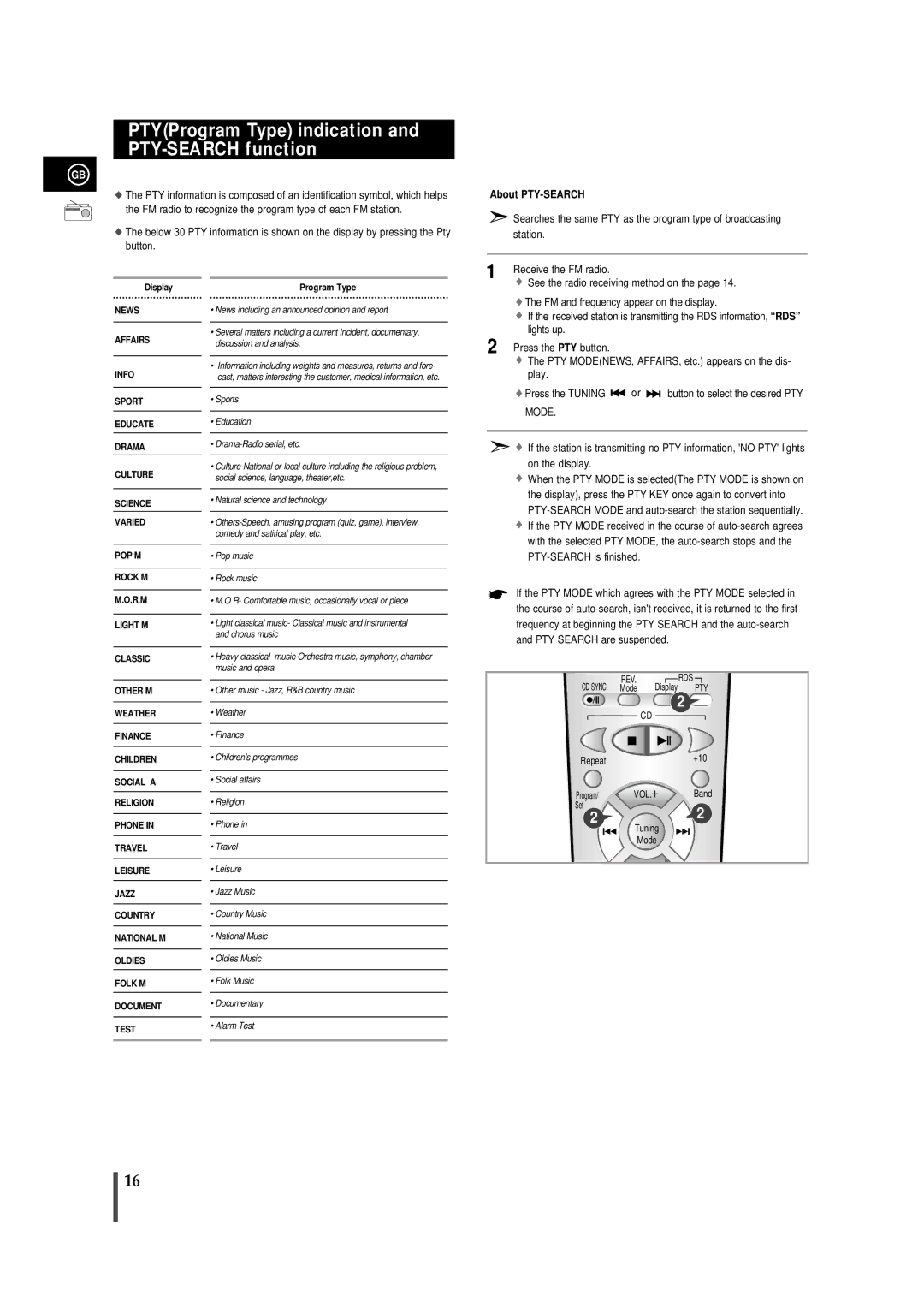 Samsung MMB7RH/ELS, MM-B7 manual PTYProgram Type indication and PTY-SEARCH function, About PTY-SEARCH 