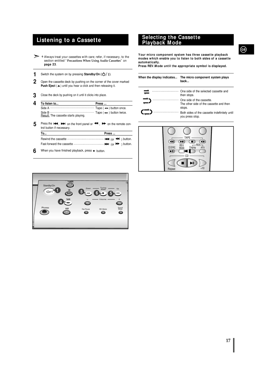 Samsung MM-B7, MMB7RH/ELS manual Listening to a Cassette, Selecting the Cassette Playback Mode 