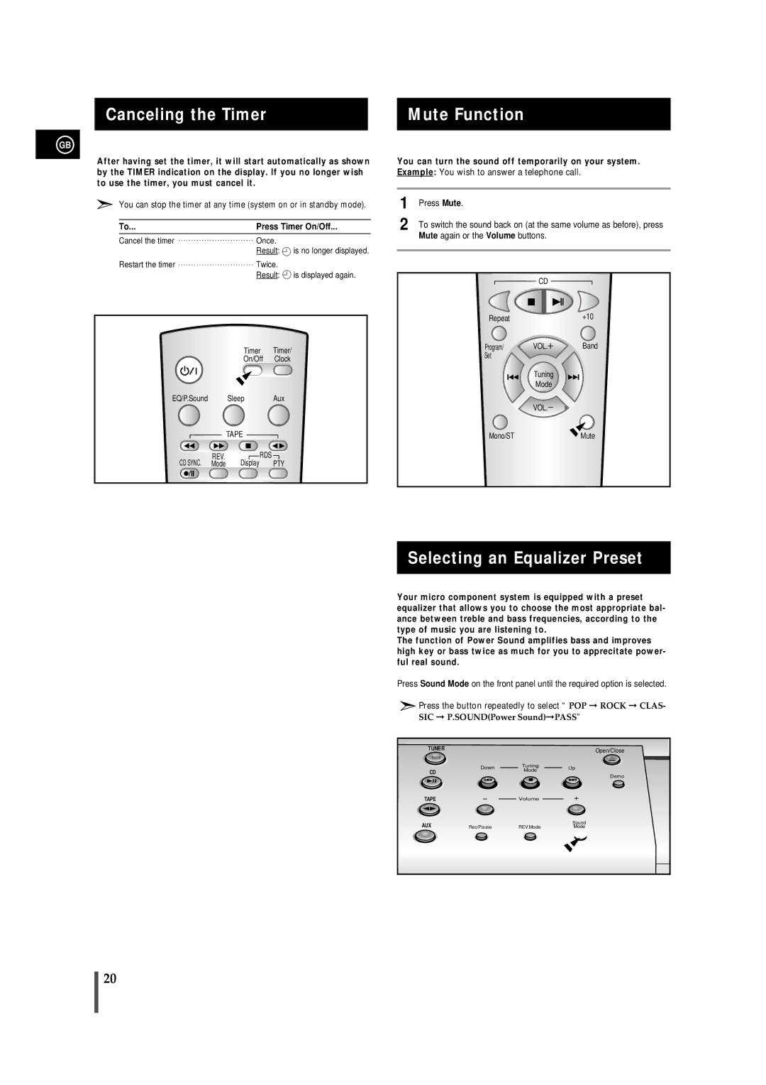 Samsung MMB7RH/ELS, MM-B7 manual Canceling the Timer Mute Function, Selecting an Equalizer Preset, Press Timer On/Off 