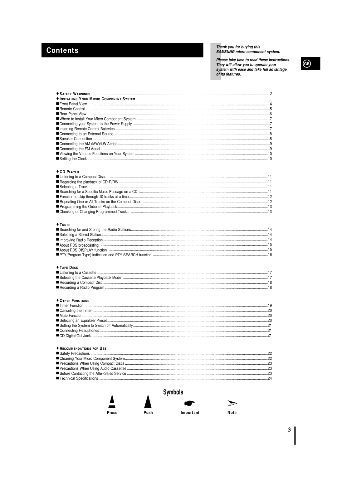 Samsung MM-B7, MMB7RH/ELS manual Contents 