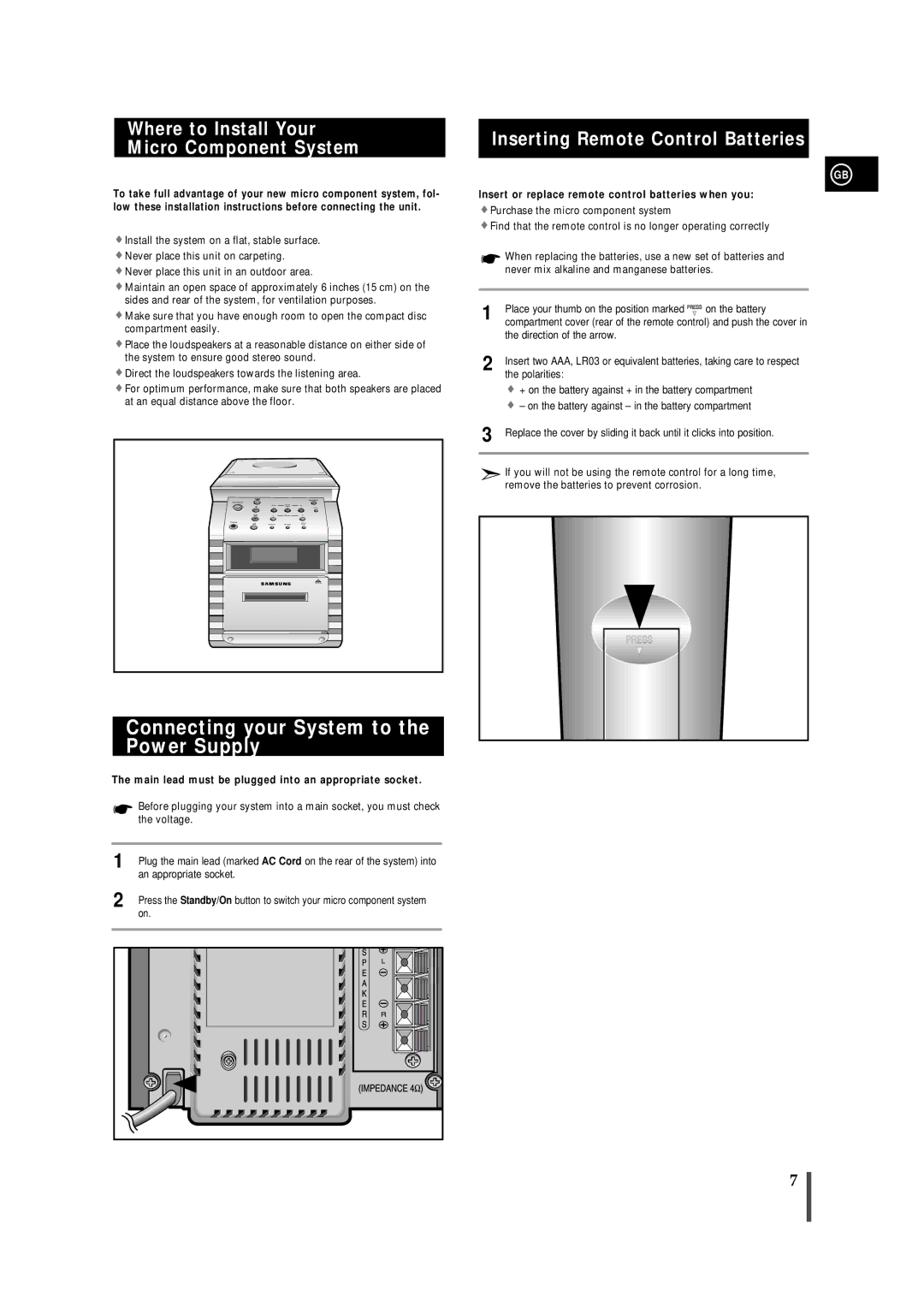 Samsung MM-B7, MMB7RH/ELS manual Connecting your System to the Power Supply, Where to Install Your Micro Component System 