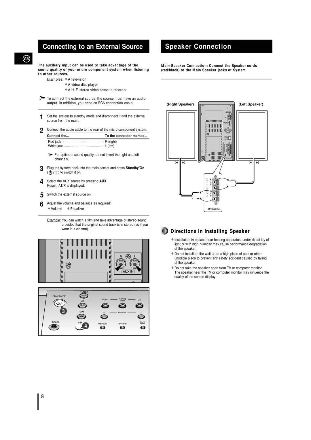 Samsung MMB7RH/ELS, MM-B7 manual Connecting to an External Source, Speaker Connection 