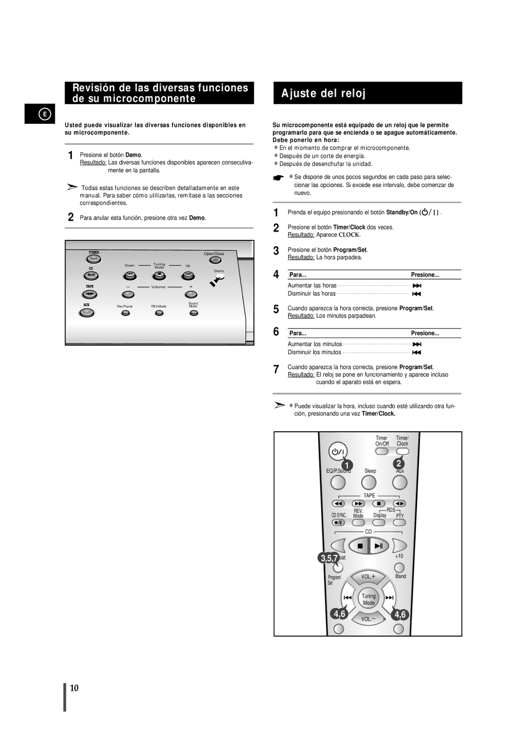 Samsung MMB7RH/ELS, MM-B7 manual Ajuste del reloj, Revisión de las diversas funciones de su microcomponente, Para Presione 