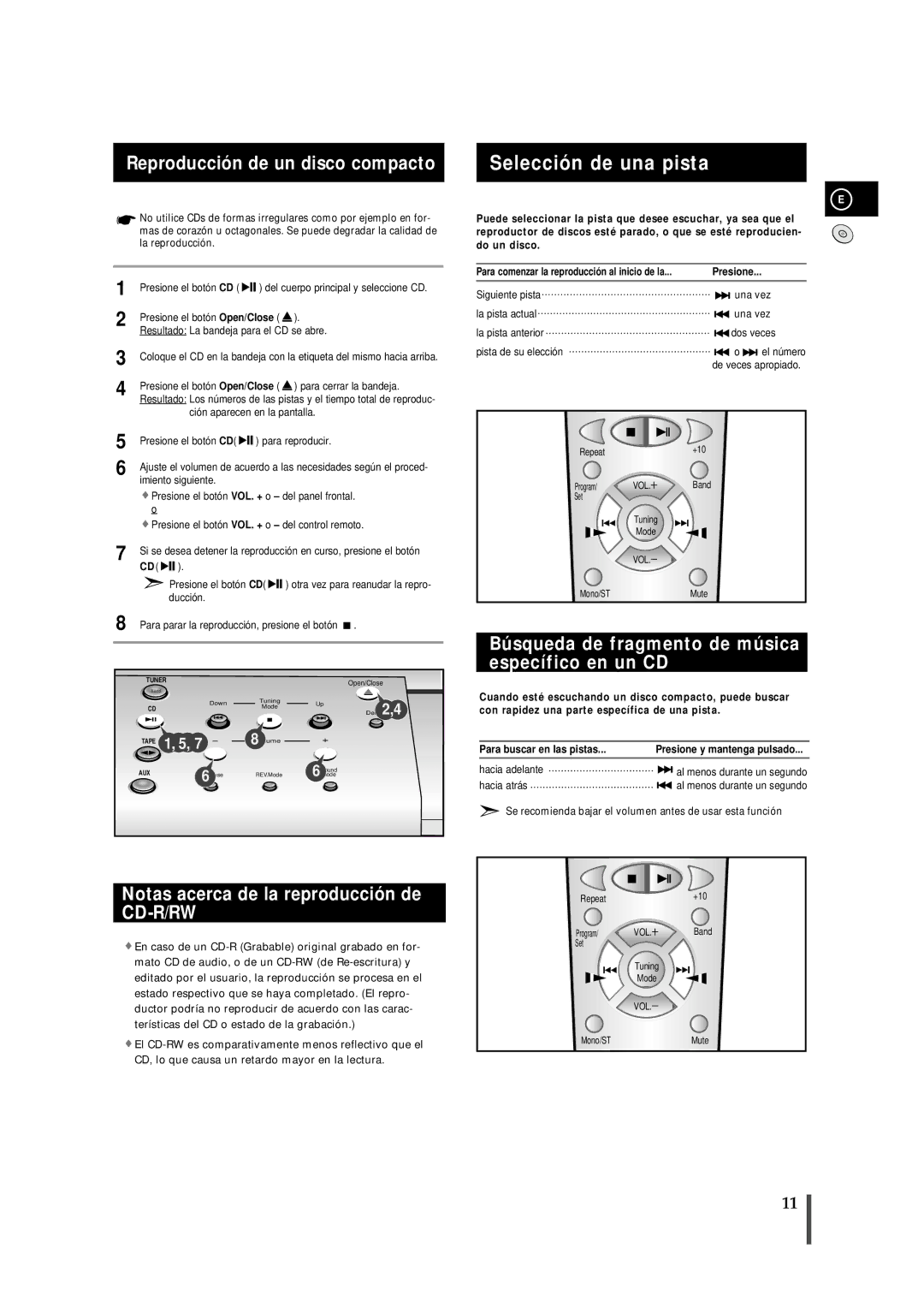 Samsung MM-B7 manual Selección de una pista, Reproducción de un disco compacto, Notas acerca de la reproducción de CD-R/RW 