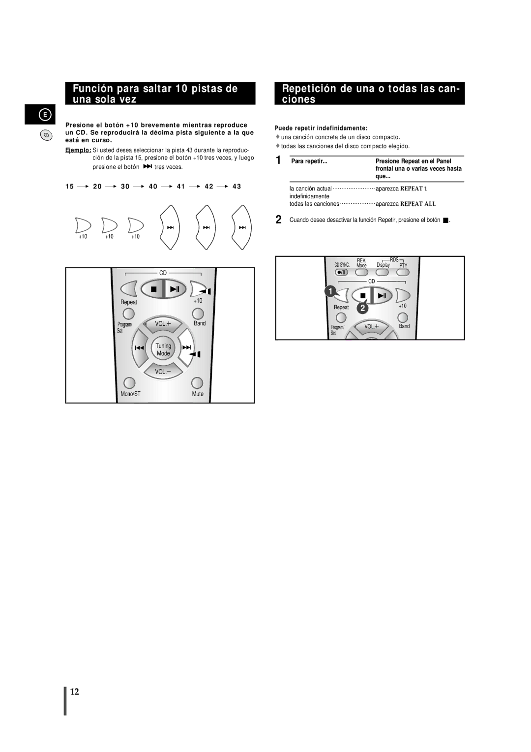 Samsung MMB7RH/ELS, MM-B7 Función para saltar 10 pistas de una sola vez, Repetición de una o todas las can- ciones, Que 