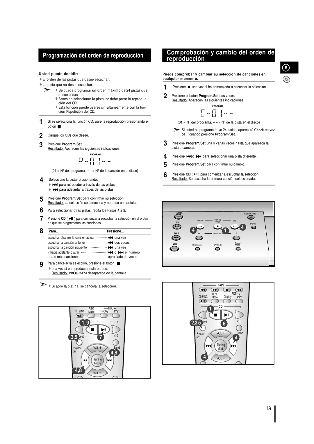 Samsung MM-B7, MMB7RH/ELS manual Comprobación y cambio del orden de reproducción, Presione Program/Set 