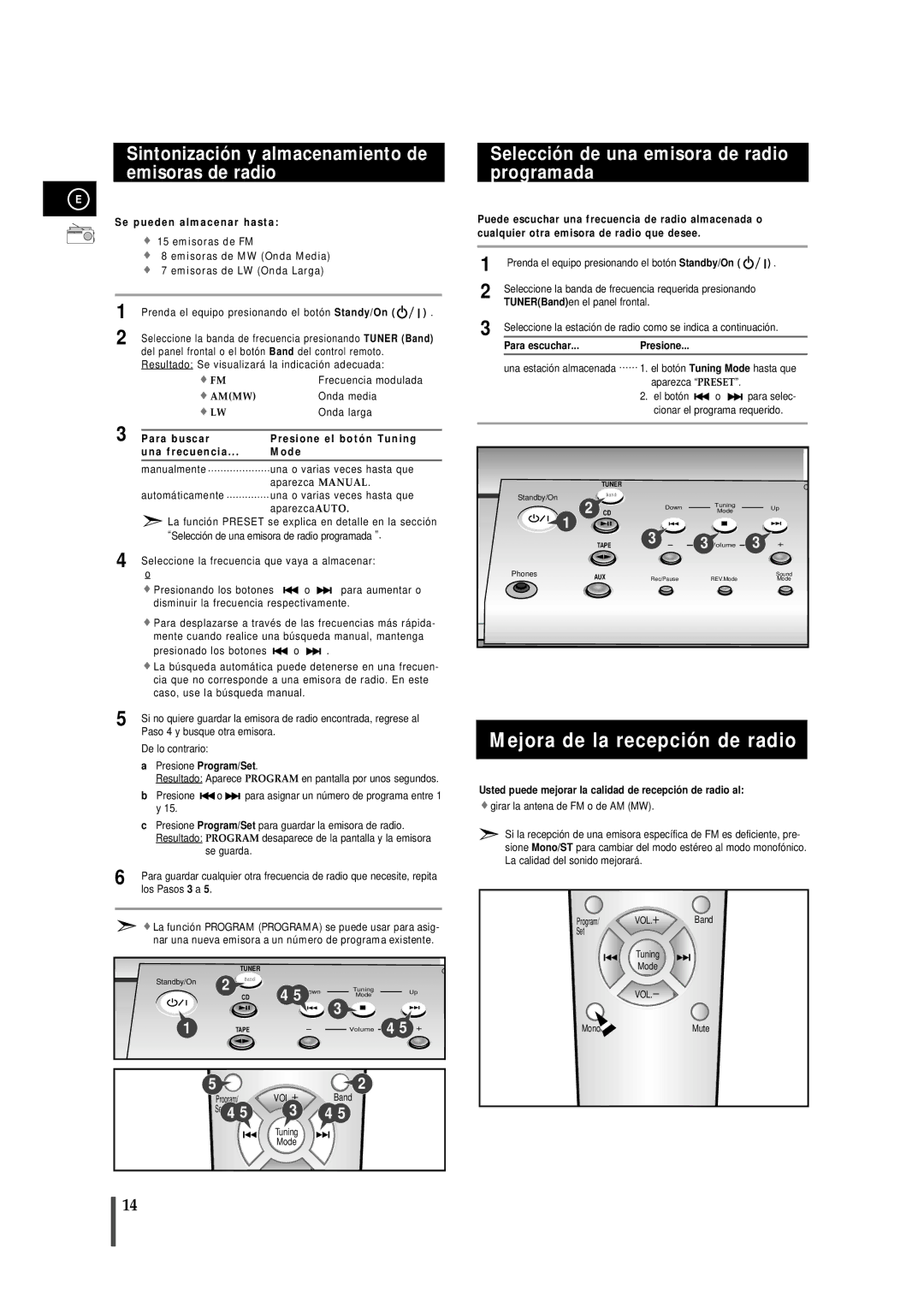 Samsung MMB7RH/ELS, MM-B7 manual Mejora de la recepción de radio, Sintonización y almacenamiento de emisoras de radio 