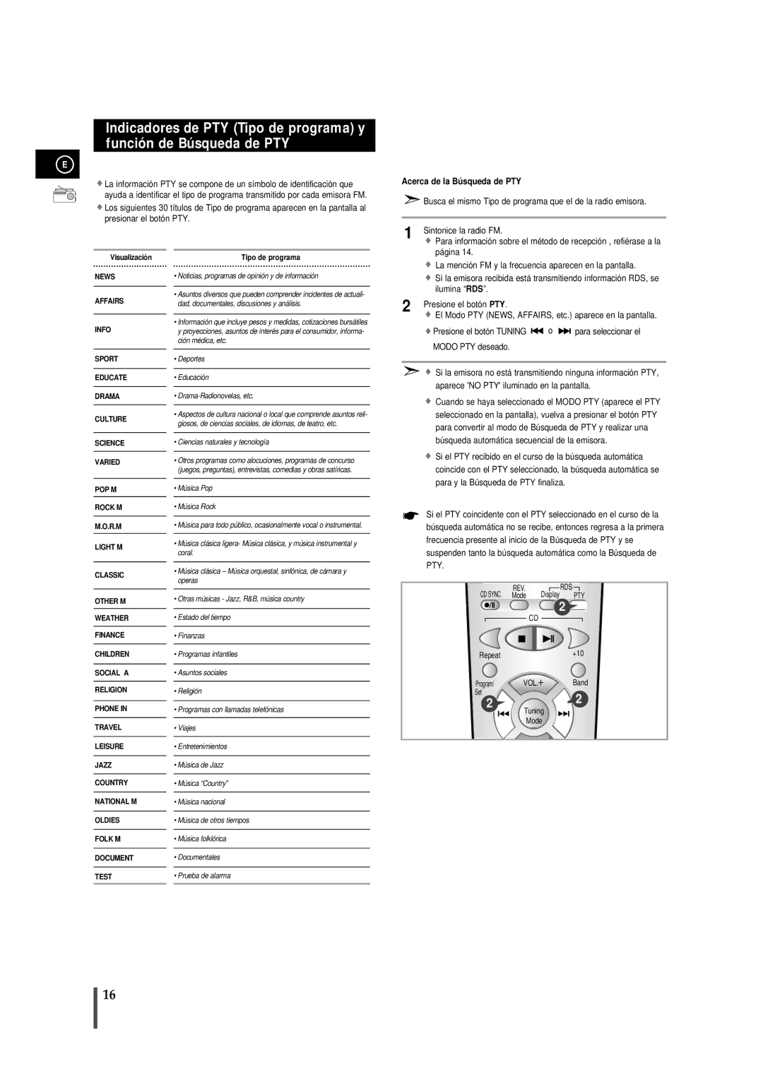 Samsung MMB7RH/ELS, MM-B7 manual Acerca de la Bú squeda de PTY 