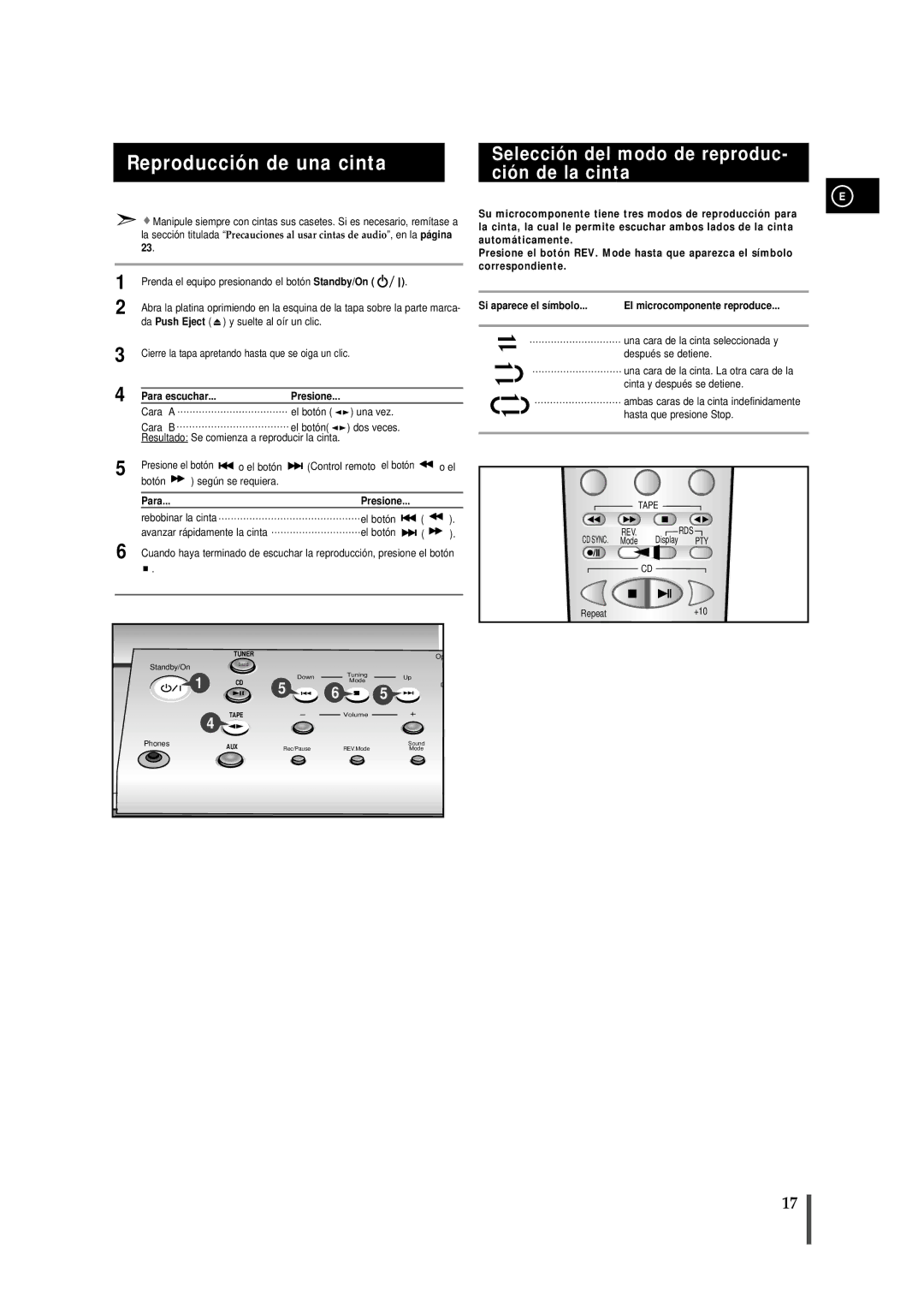 Samsung MM-B7 manual Reproducción de una cinta, Selección del modo de reproduc- ción de la cinta, Cara El botón Una vez 