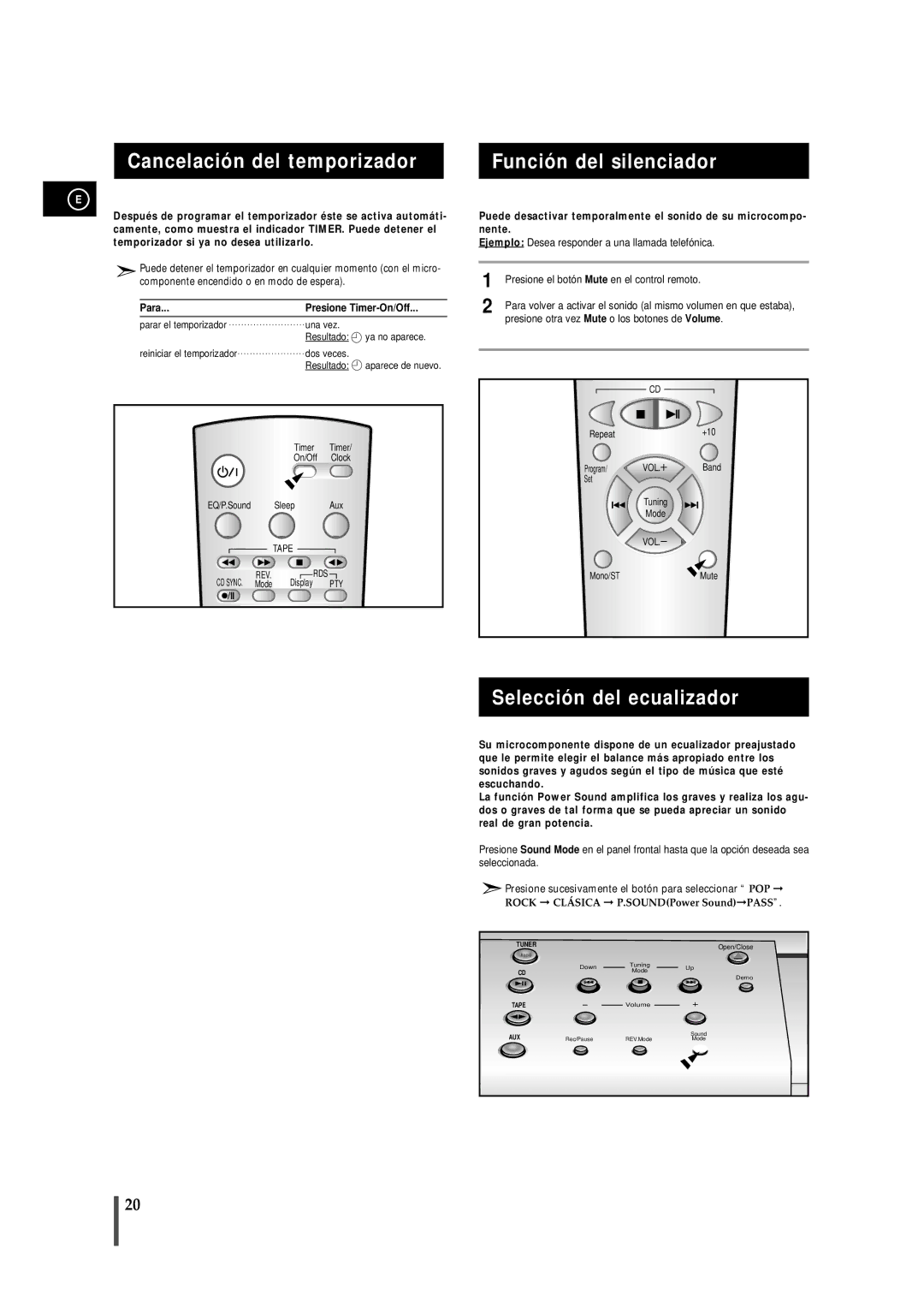 Samsung MMB7RH/ELS, MM-B7 manual Cancelación del temporizador, Función del silenciador, Selección del ecualizador 