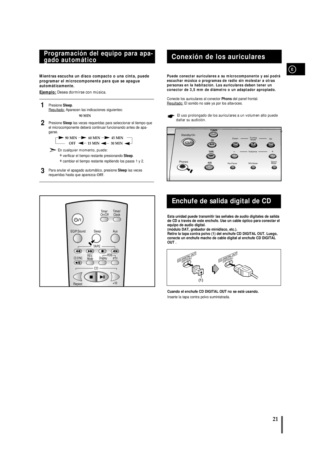 Samsung MM-B7, MMB7RH/ELS manual Conexión de los auriculares, Enchufe de salida digital de CD, Garse 