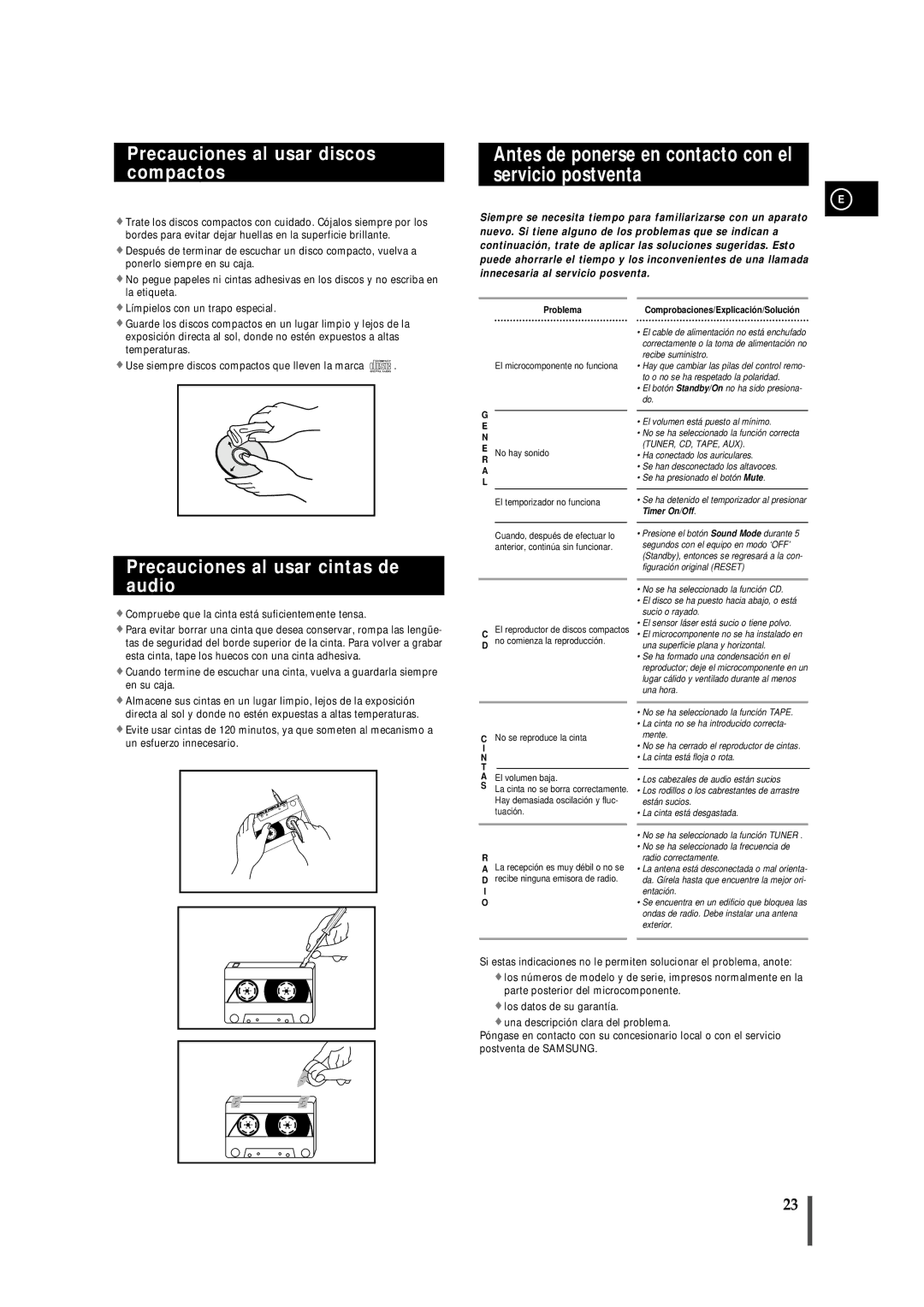 Samsung MM-B7, MMB7RH/ELS Antes de ponerse en contacto con el servicio postventa, Precauciones al usar discos compactos 