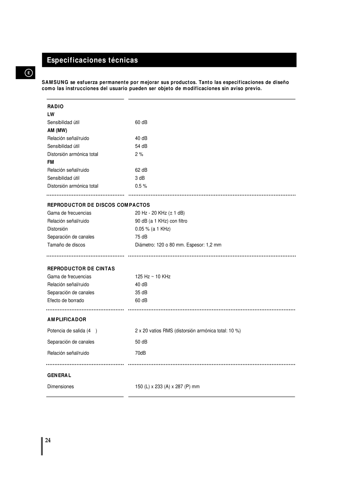 Samsung MMB7RH/ELS, MM-B7 manual Especificaciones técnicas, Reproductor DE Discos Compactos 