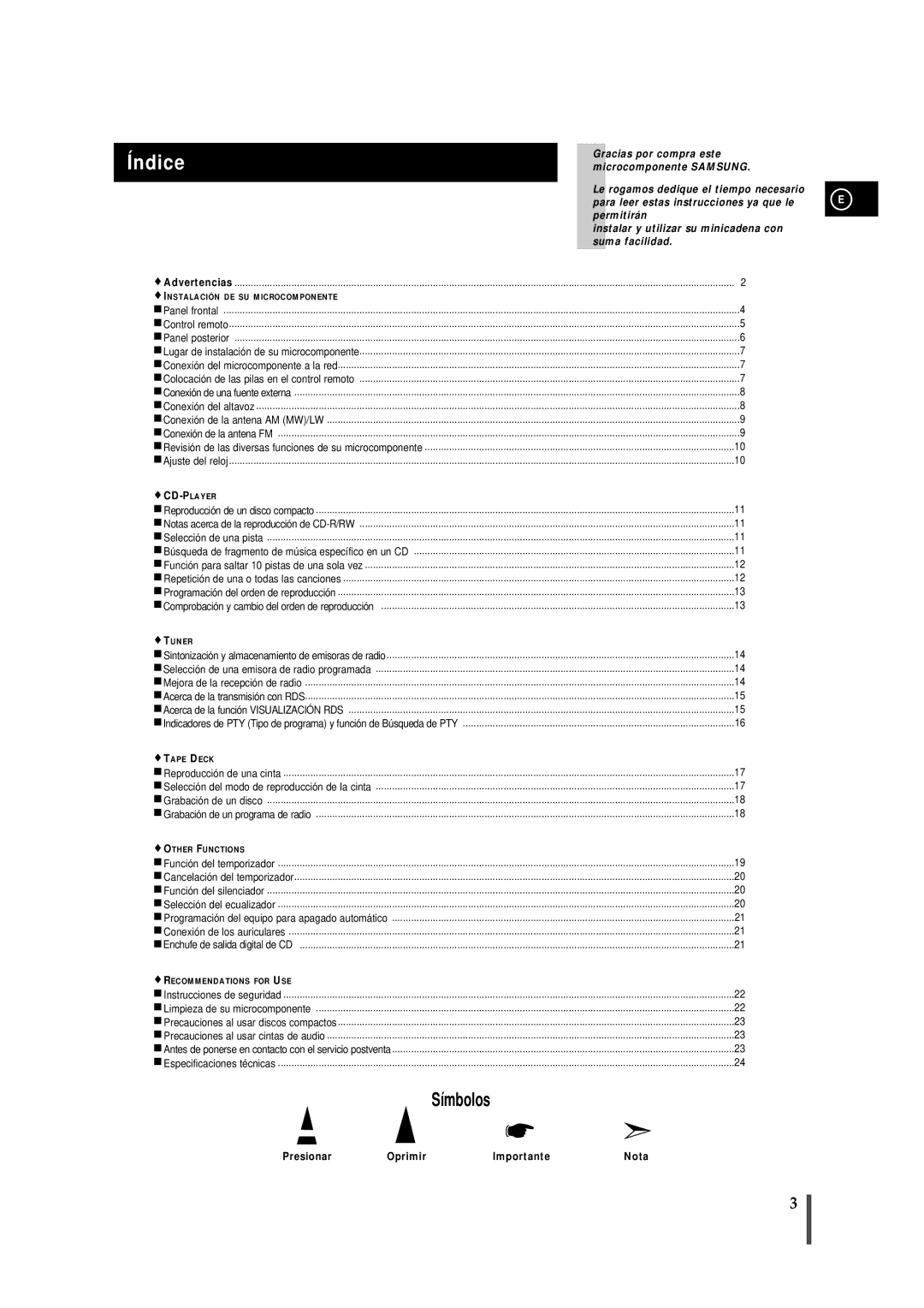 Samsung MM-B7, MMB7RH/ELS manual Índice, Instalación DE SU Microcomponente 