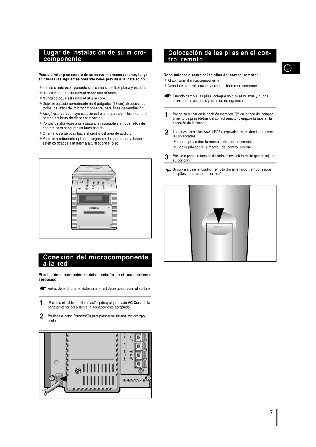 Samsung MM-B7, MMB7RH/ELS manual Conexión del microcomponente a la red, Lugar de instalación de su micro- componente 