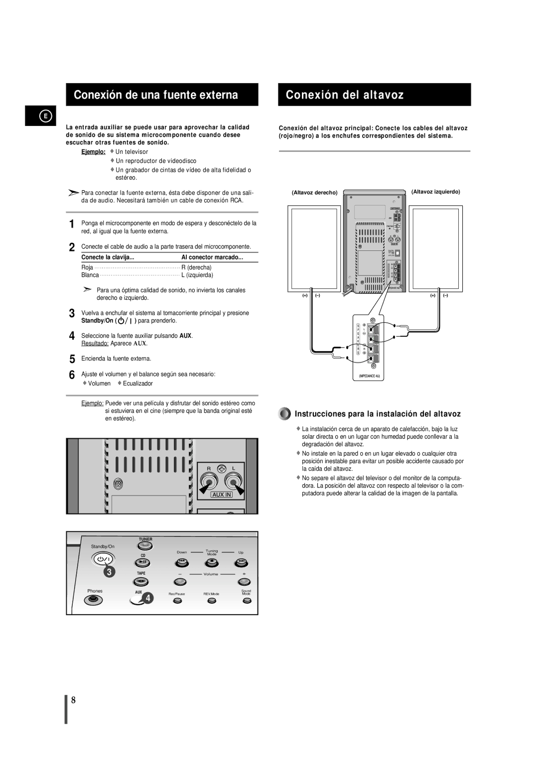 Samsung MMB7RH/ELS, MM-B7 manual Conexión de una fuente externa, Conexión del altavoz, Al conector marcado, Standby/On 