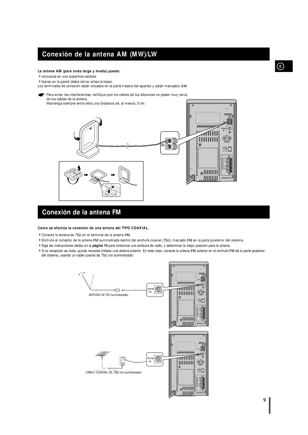 Samsung MM-B7, MMB7RH/ELS manual Conexión de la antena AM MW/LW, Conexión de la antena FM 