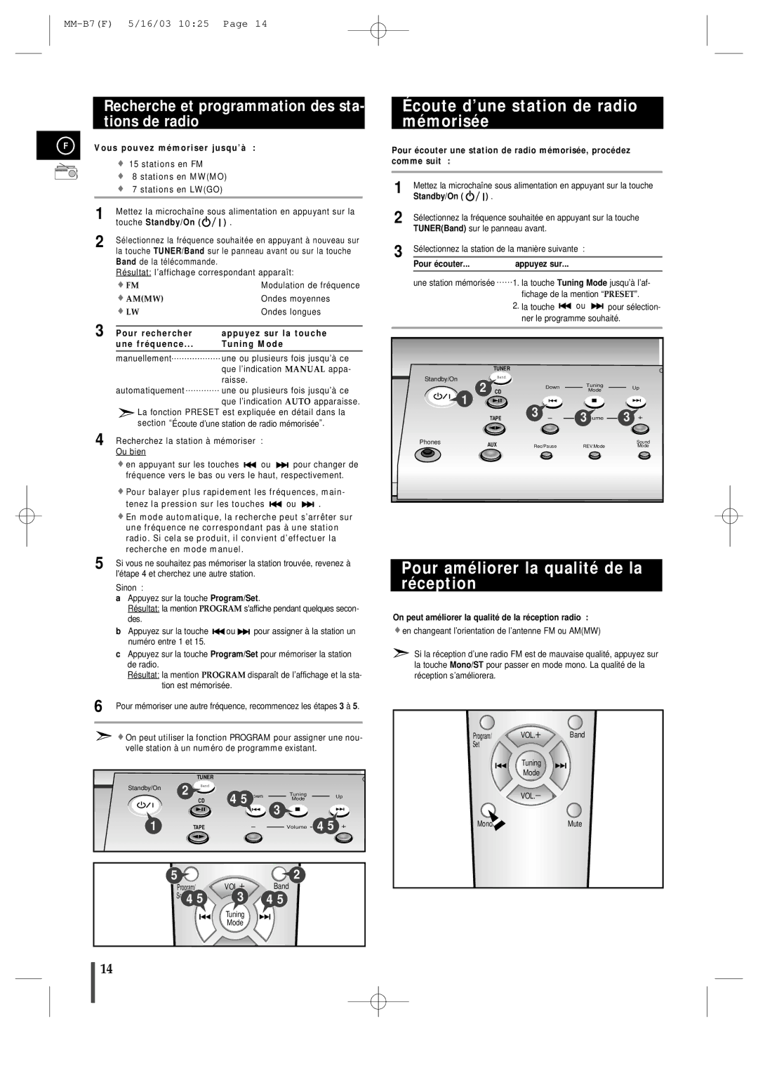 Samsung MMB7RH/ELS manual Écoute d’une station de radio mémorisée, Pour améliorer la qualité de la réception 