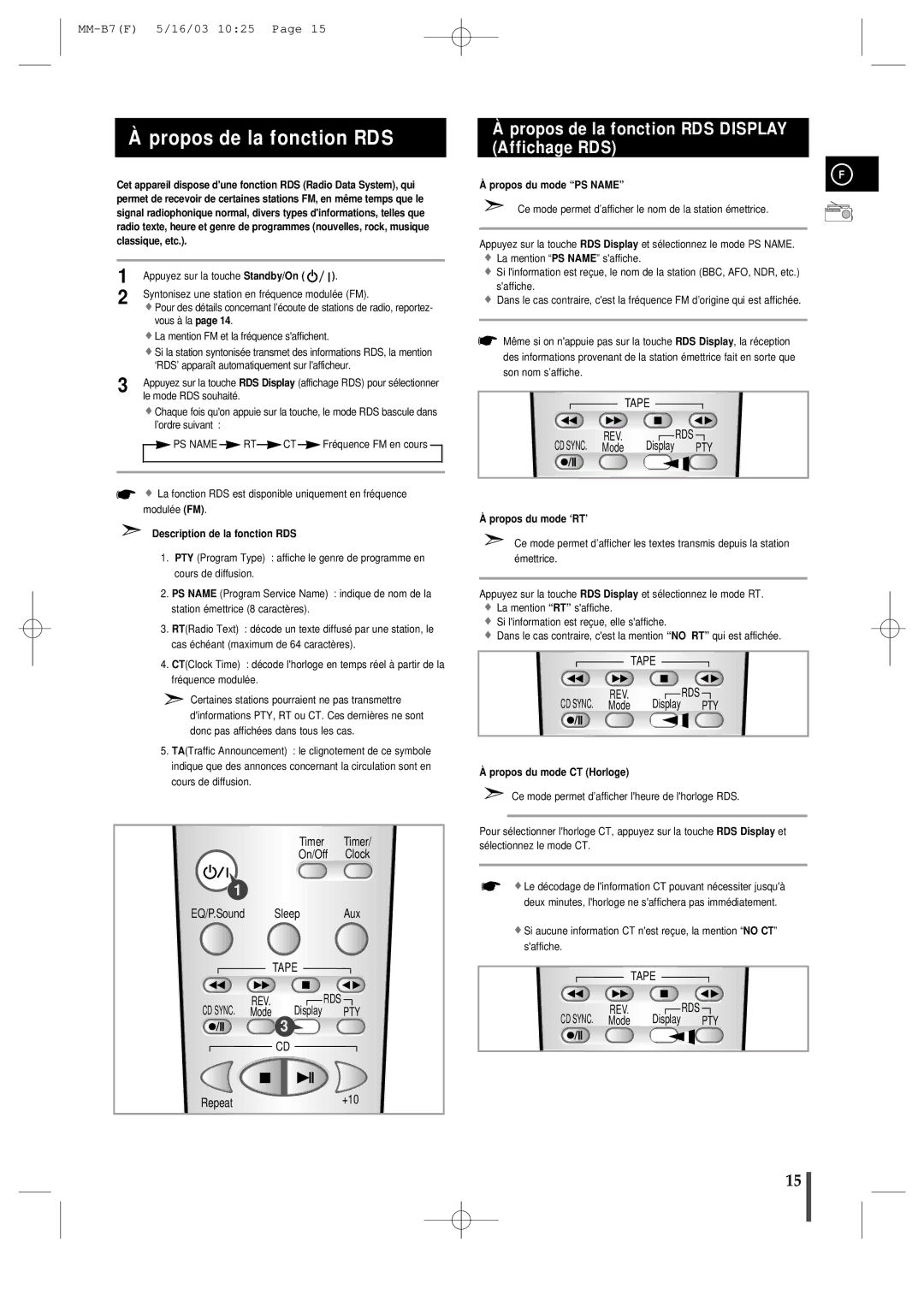 Samsung MMB7RH/ELS Propos de la fonction RDS, Description de la fonction RDS, Propos du mode PS Name, Propos du mode ‘RT’ 