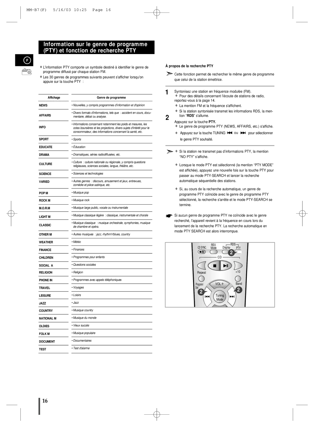 Samsung MMB7RH/ELS manual Propos de la recherche PTY, Tion RDS sallume 