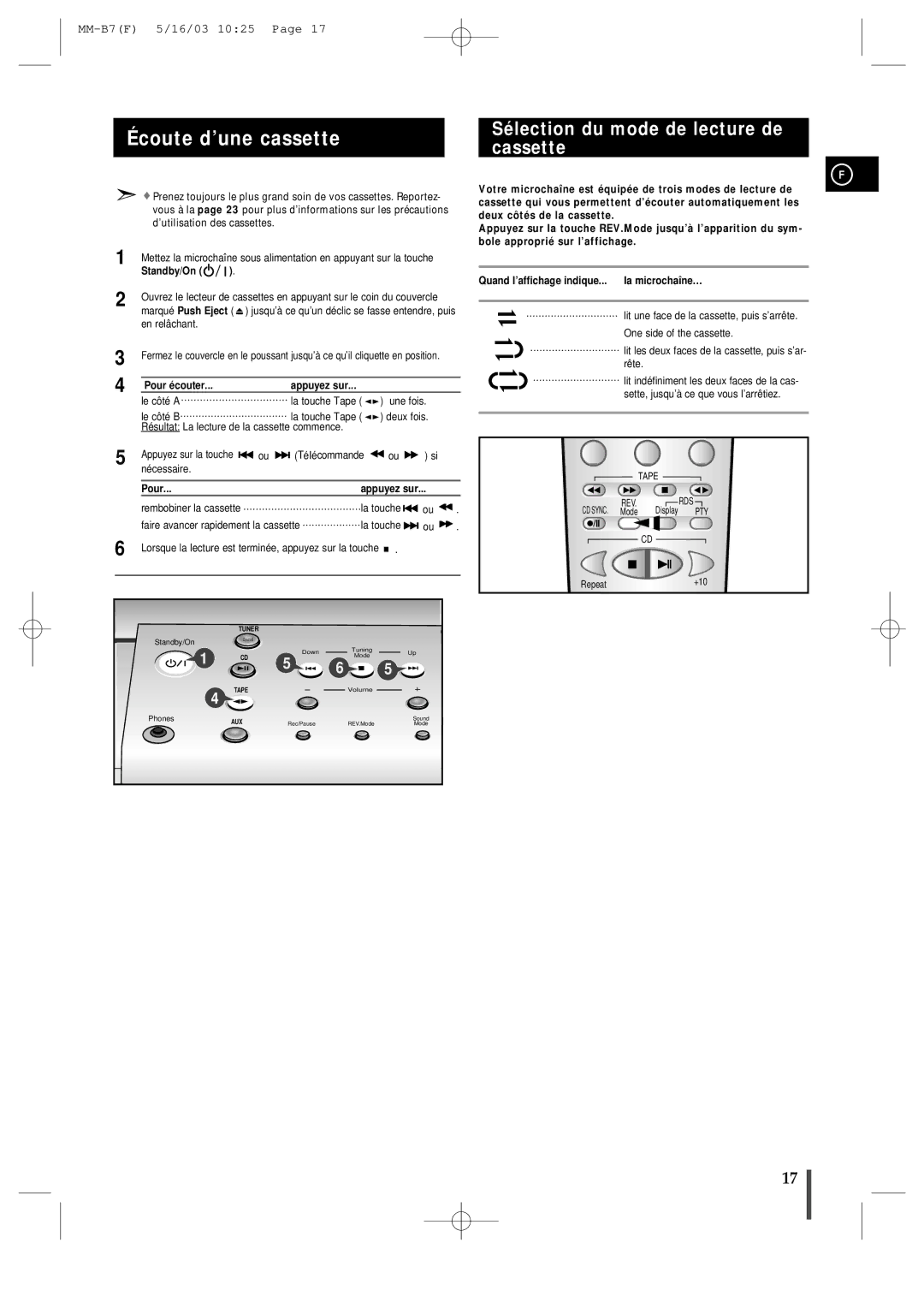 Samsung MMB7RH/ELS manual Écoute d’une cassette, Sélection du mode de lecture de cassette, Pour Appuyez sur 