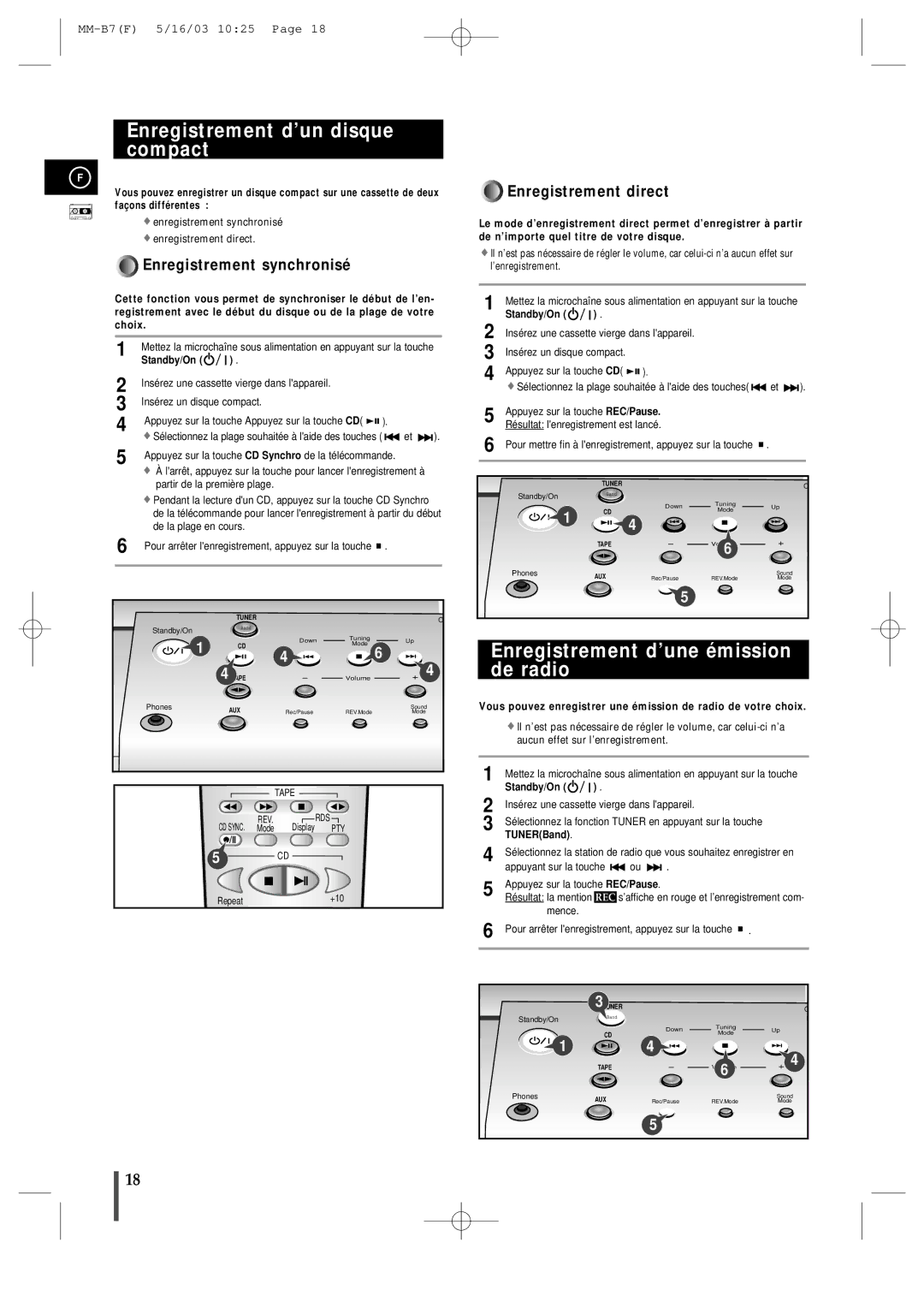 Samsung MMB7RH/ELS manual Enregistrement d’un disque compact, Enregistrement d’une émission de radio, TUNERBand 