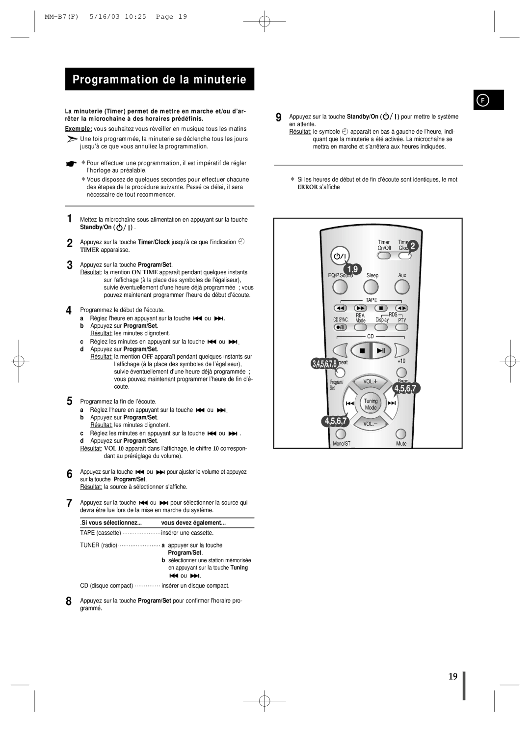 Samsung MMB7RH/ELS manual Programmation de la minuterie, Vous devez é galement, Program/Set 