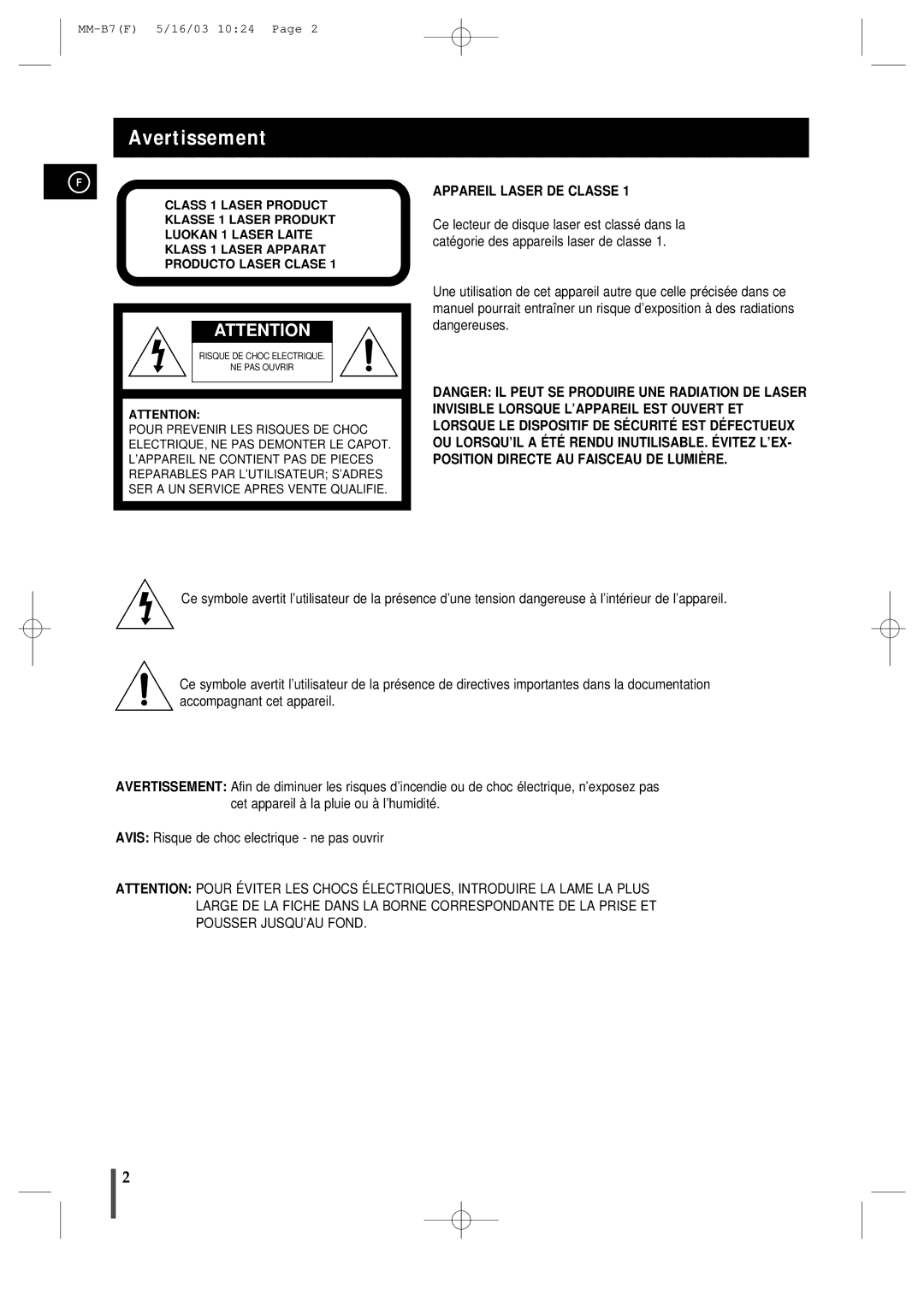 Samsung MMB7RH/ELS manual Avertissement, Appareil Laser DE Classe 