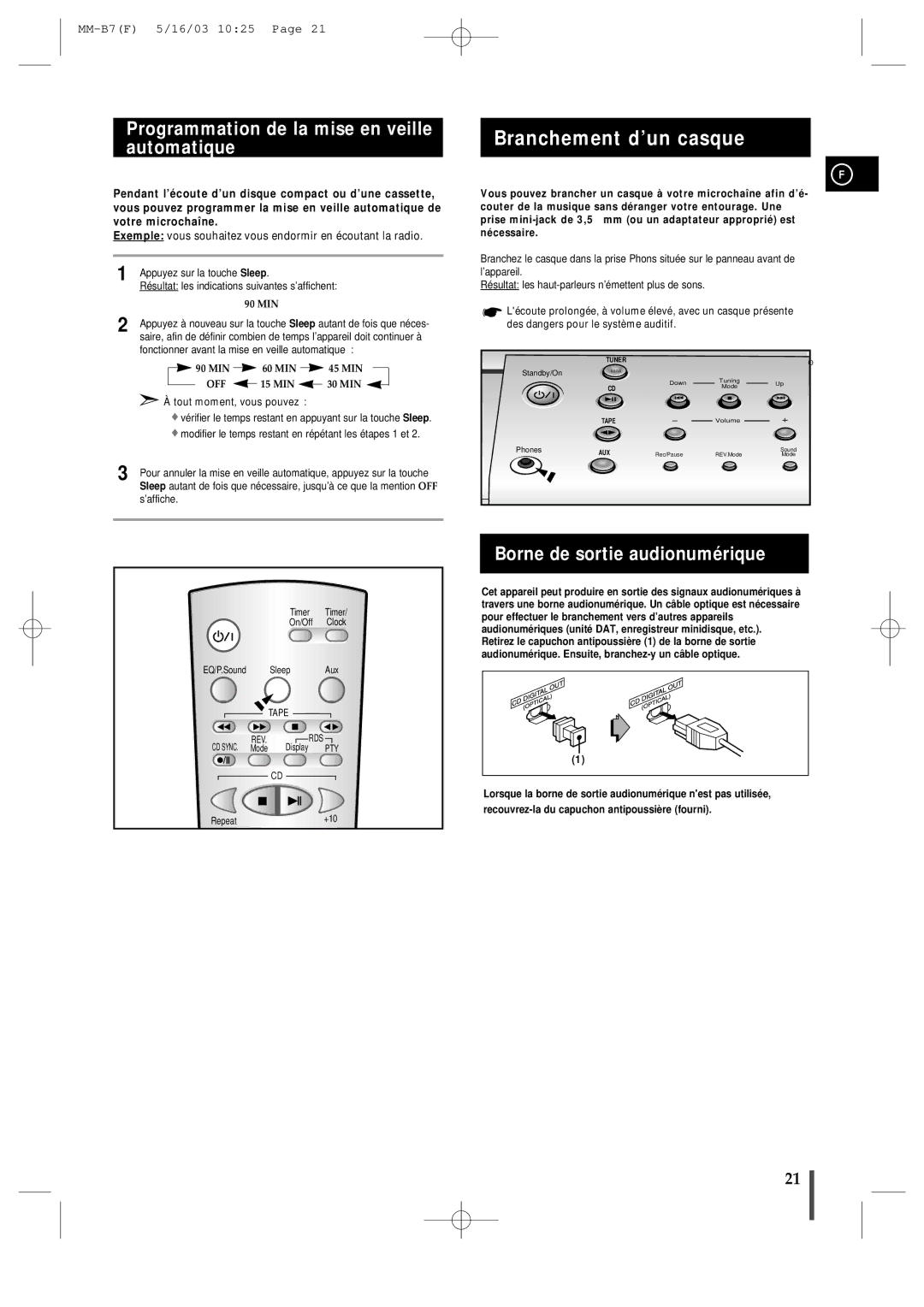 Samsung MMB7RH/ELS Branchement d’un casque, Programmation de la mise en veille automatique, Borne de sortie audionumérique 