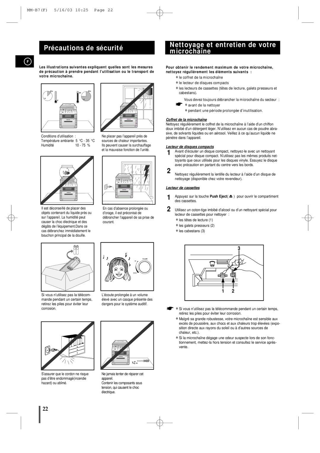 Samsung MMB7RH/ELS manual Précautions de sécurité, Nettoyage et entretien de votre microchaîne 