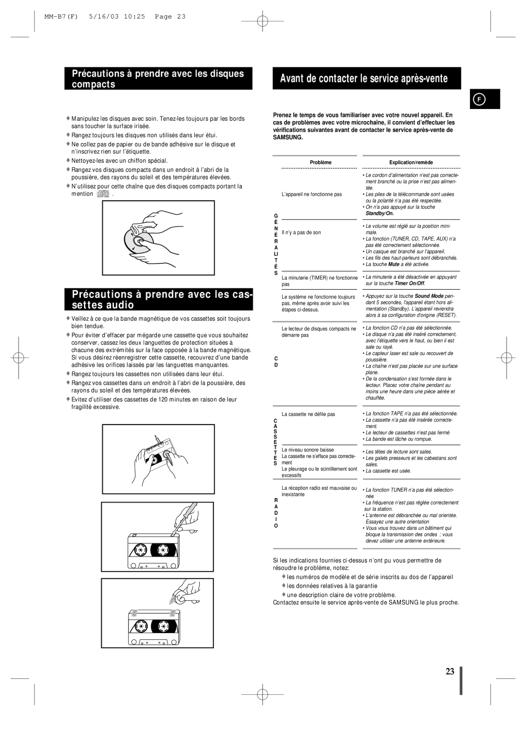 Samsung MMB7RH/ELS manual Avant de contacter le service après-vente, Précautions à prendre avec les cas- settes audio 