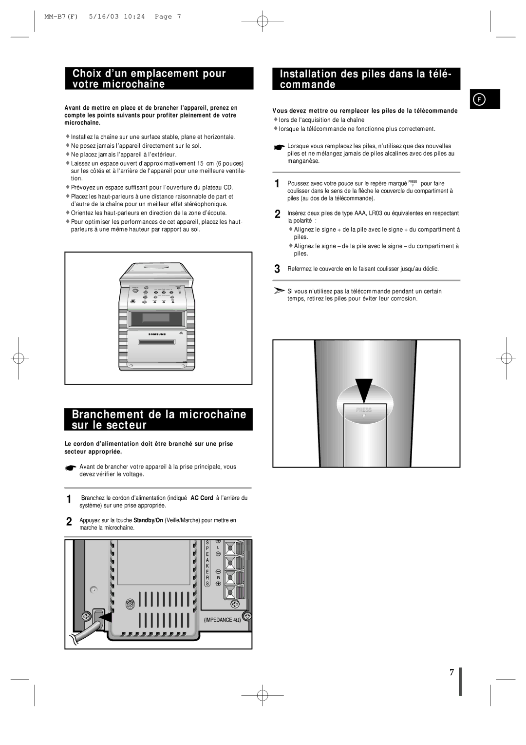 Samsung MMB7RH/ELS manual Branchement de la microchaîne sur le secteur, Choix d’un emplacement pour votre microchaîne 