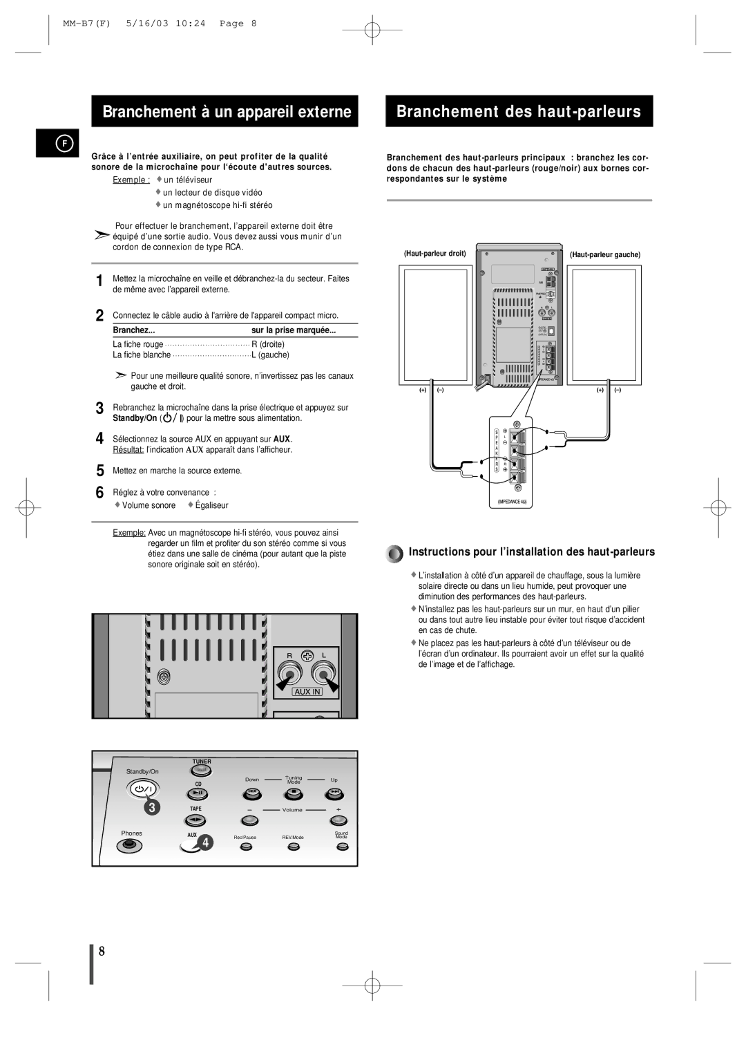 Samsung MMB7RH/ELS manual Branchement à un appareil externe, Branchement des haut-parleurs, Branchez Sur la prise marqué e 