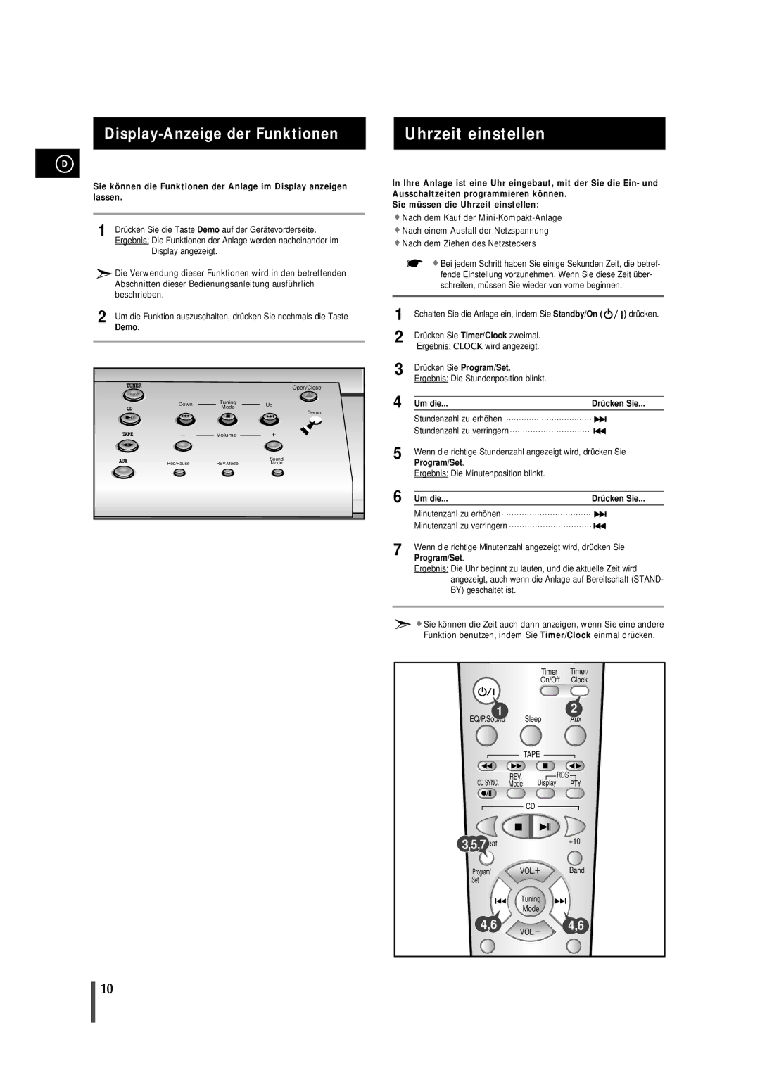 Samsung MMB7RH/ELS manual Uhrzeit einstellen, Display-Anzeige der Funktionen, Um die Drü cken Sie 