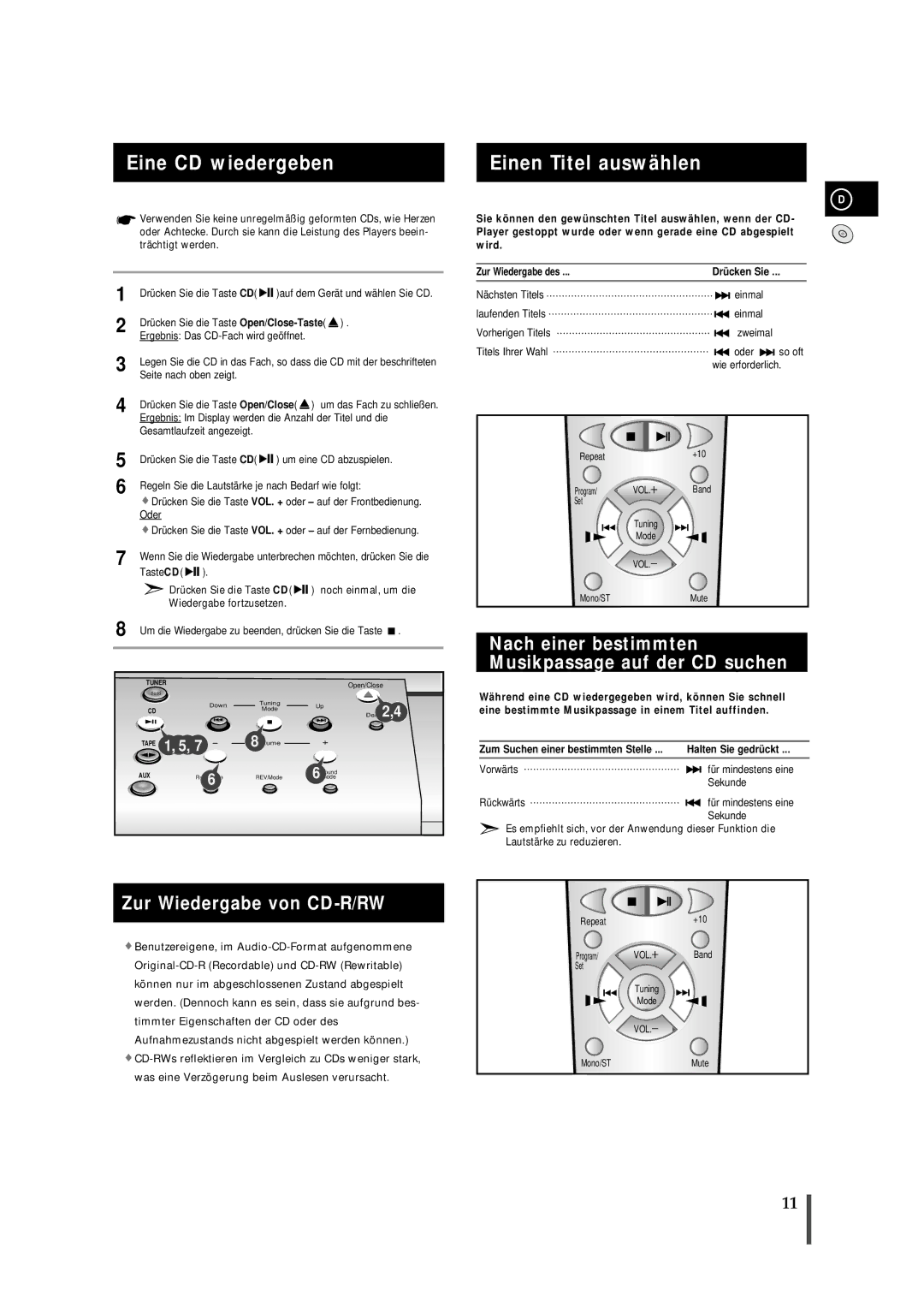 Samsung MMB7RH/ELS manual Eine CD wiedergeben, Einen Titel auswählen, Nach einer bestimmten Musikpassage auf der CD suchen 