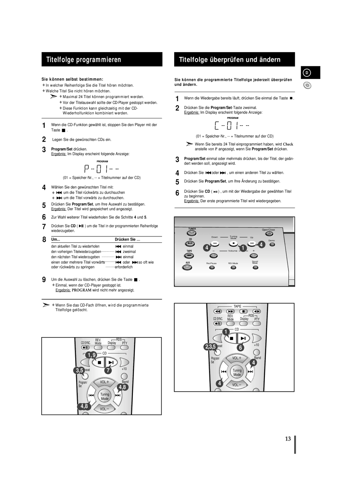 Samsung MMB7RH/ELS manual Titelfolge programmieren, Titelfolge überprüfen und ändern, Program/Set drücken, Drü cken Sie … 