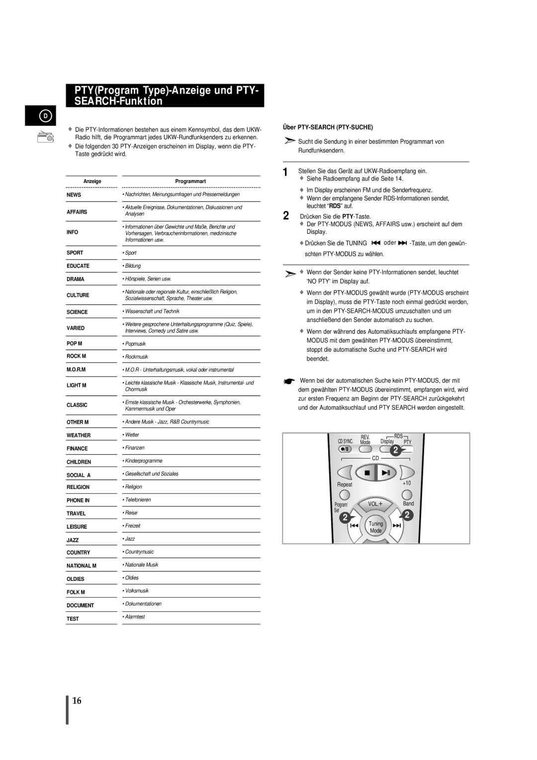 Samsung MMB7RH/ELS manual PTYProgram Type-Anzeige und PTY- SEARCH-Funktion, Ber PTY-SEARCH PTY-SUCHE 