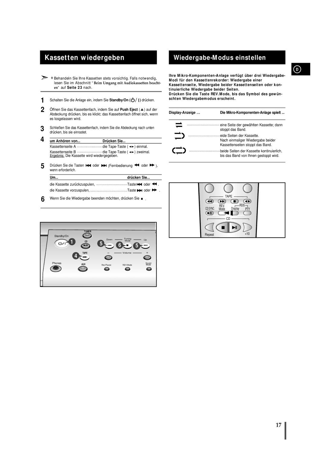 Samsung MMB7RH/ELS manual Kassetten wiedergeben, Wiedergabe-Modus einstellen, Um Anhö ren von Drü cken Sie 