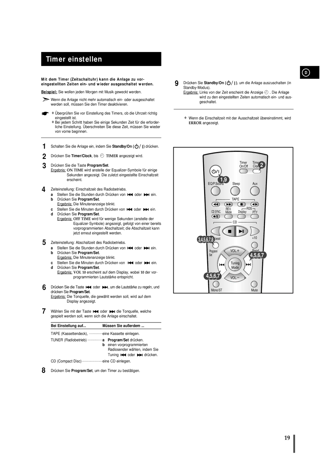 Samsung MMB7RH/ELS manual Timer einstellen, Bei Einstellung auf Mü ssen Sie außerdem 