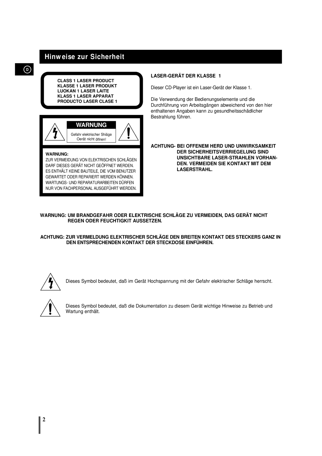 Samsung MMB7RH/ELS manual Hinweise zur Sicherheit, Gefahr elektrischer Shiäge Oerät nicht öffnen 