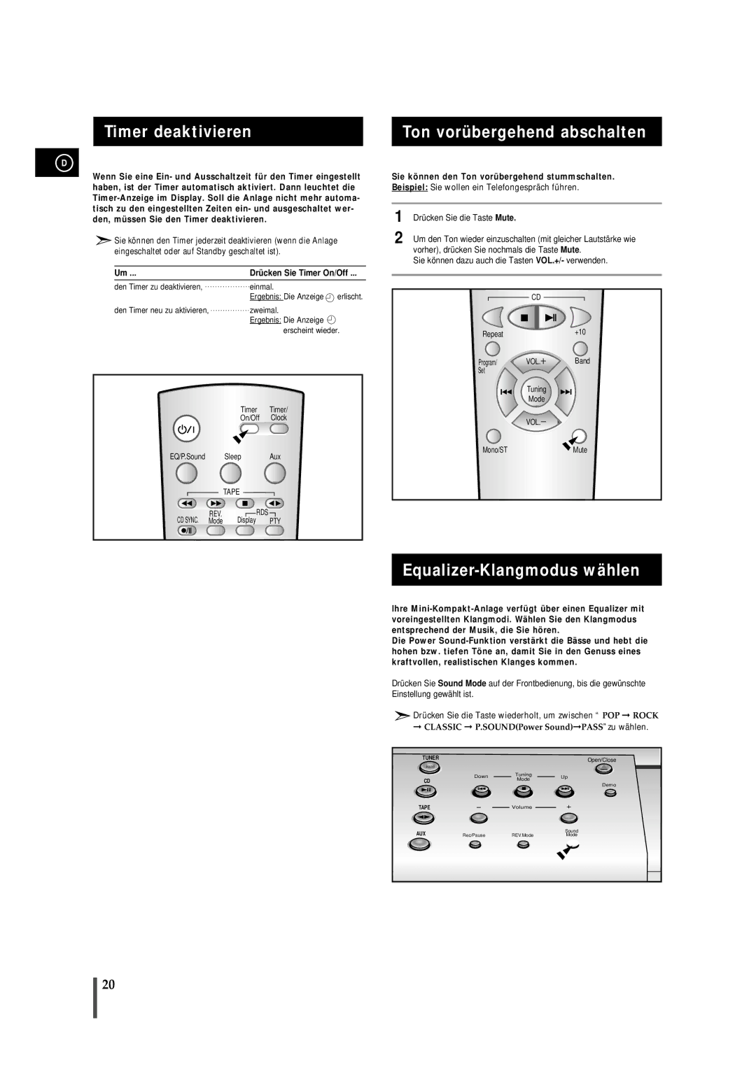 Samsung MMB7RH/ELS manual Timer deaktivieren, Ton vorübergehend abschalten, Equalizer-Klangmodus wählen 