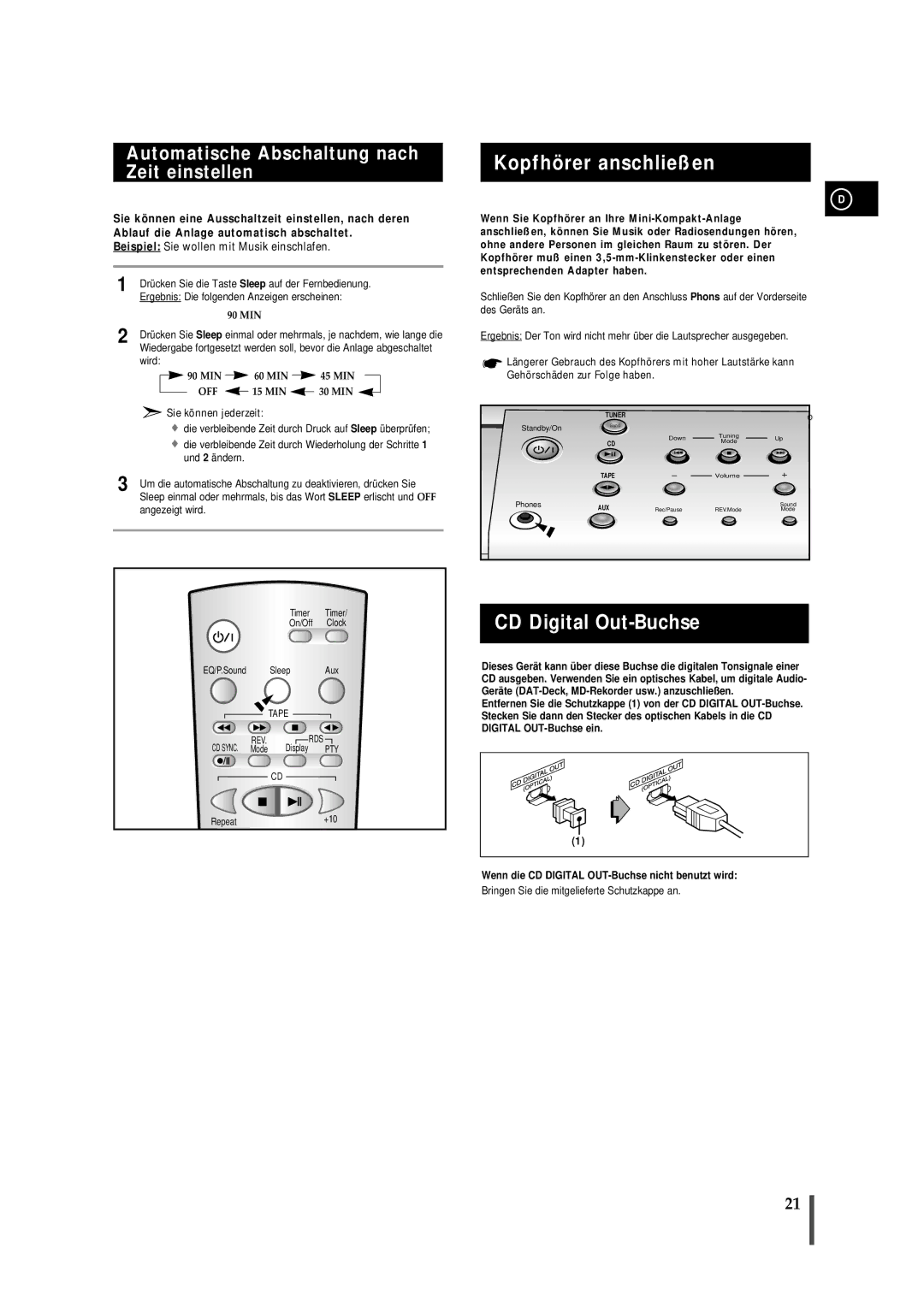 Samsung MMB7RH/ELS manual Kopfhörer anschließen, CD Digital Out-Buchse, Automatische Abschaltung nach Zeit einstellen 