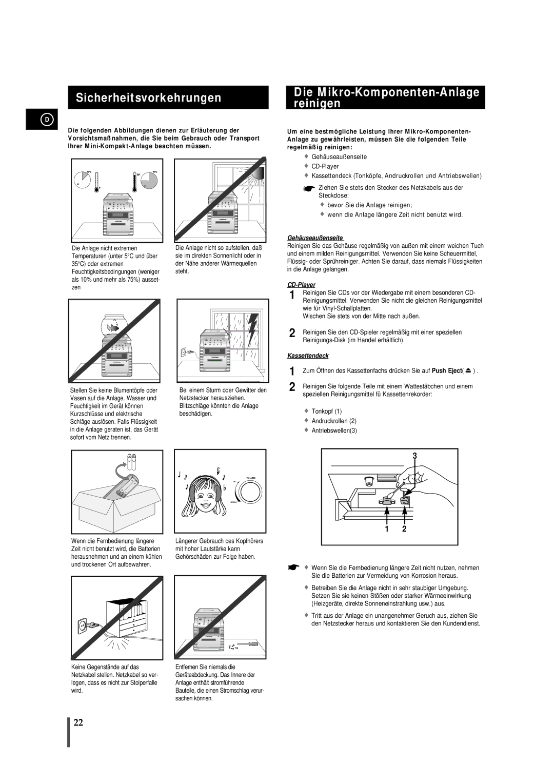 Samsung MMB7RH/ELS manual Sicherheitsvorkehrungen, Die Mikro-Komponenten-Anlage reinigen 