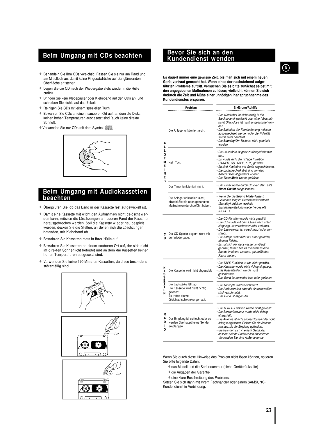 Samsung MMB7RH/ELS manual Beim Umgang mit CDs beachten, Bevor Sie sich an den Kundendienst wenden 