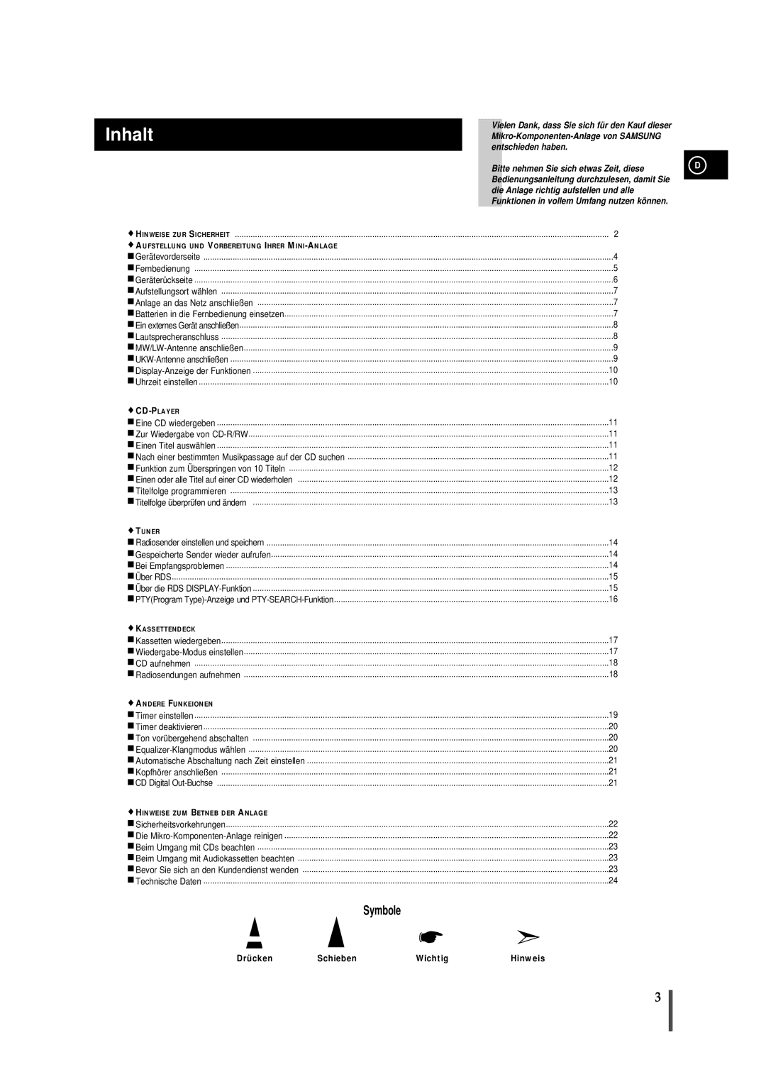 Samsung MMB7RH/ELS manual Inhalt 