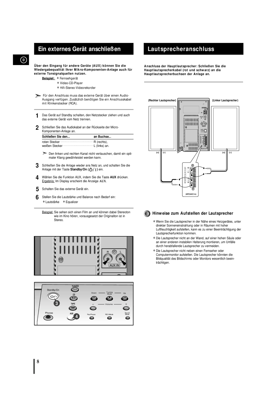 Samsung MMB7RH/ELS manual Ein externes Gerät anschließen, Lautsprecheranschluss, Schließen Sie den An Buchse 